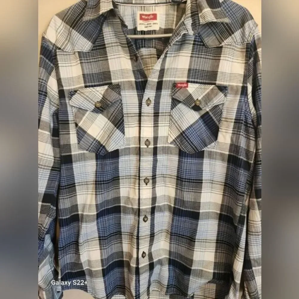 M38 Wrangler Blue, Black & White Plaid Western Shirt Button Up Long Sleeved